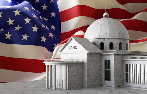 Bank building on USA flag background. American economy and business. Federal Reserve Bank. 3d-rendering
