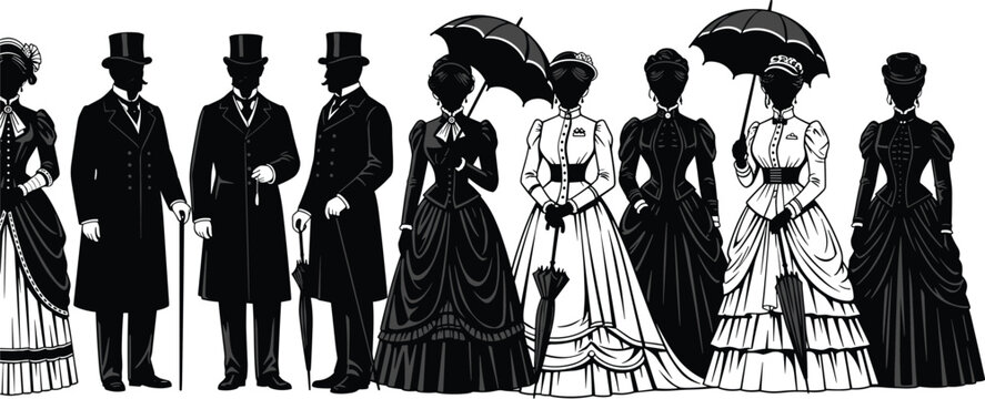 Victorian era fashion silhouettes featuring elegant men and women in historical clothing with dresses, suits, hats, and umbrellas vintage vector illustration