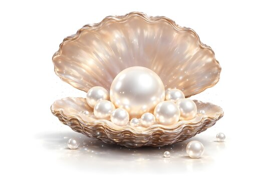 Large lustrous pearl and multiple smaller pearls inside an open iridescent seashell on a white background.