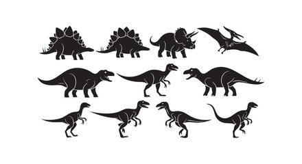 A group of different dinosaurs silhouettes walking in various directions isolated on transparent background © Md