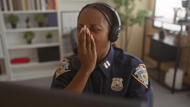 African american police officer covering mouth with hand, headset and badge visible in office building while seated at a monitor; duty fatigue.