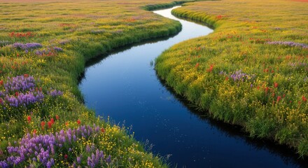 Fototapeta premium Serpentine waterway flows through lush meadow abundant with vibrant wildflowers