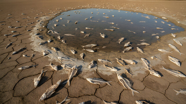 Dead fish skeletons scattered around small puddle on cracked mud