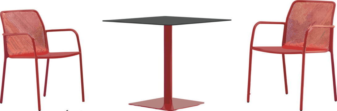 Outdoor cafe table with chairs, modern patio furniture set, terrace seating arrangement, minimal design, vector illustration isolated objects