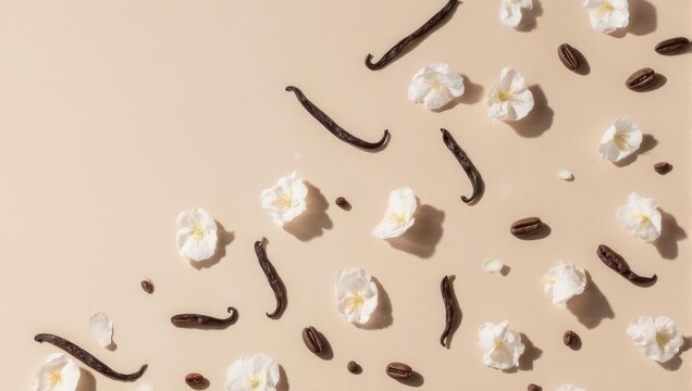A neutral toned flat lay of scattered vanilla beans, white blossoms, and coffee beans