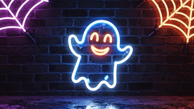 A friendly neon ghost illustration with spider web decorations glows against a brick wall