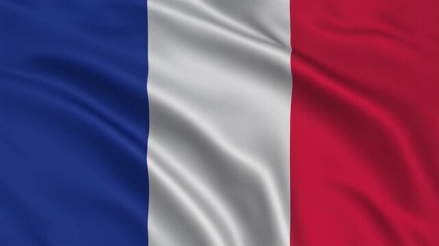 The national flag of France, known as the Tricolore, waves gently with three vertical bands of blue, white, and red. The fabric appears slightly wavy, emphasizing texture and motion. The vivid colors 