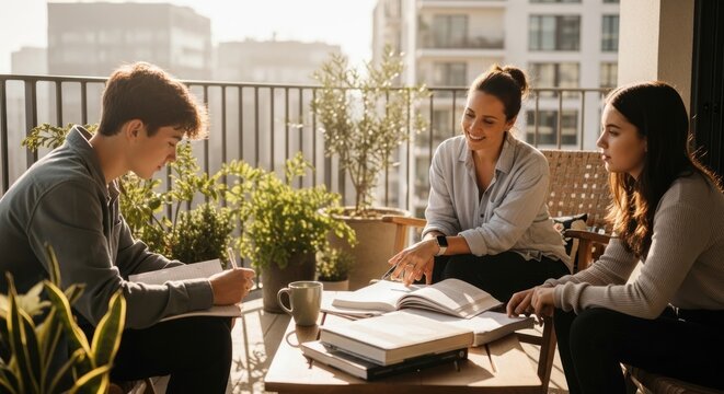 Students studying together on an urban balcony.