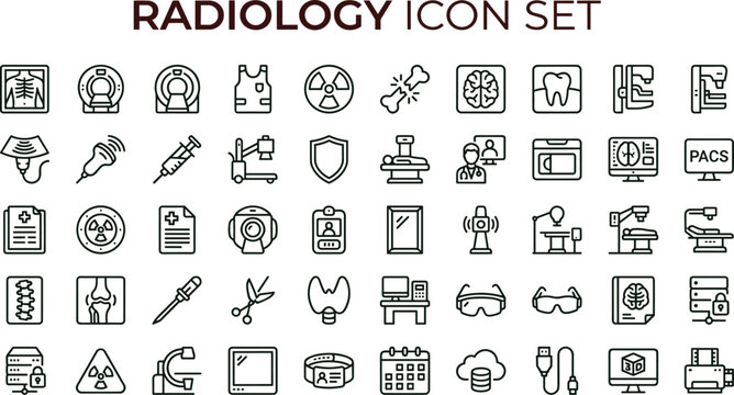 Radiology medical outline icon set featuring diagnostic imaging equipment symbols for healthcare apps websites presentations and clinical interface design