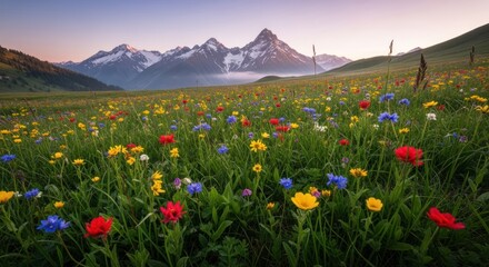 Obraz premium A beautiful meadow of wildflowers in a scenic mountain landscape.