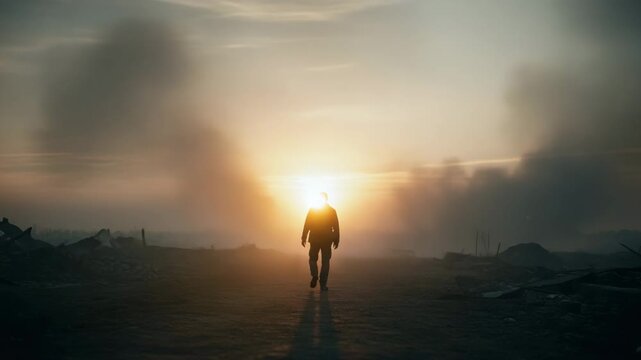 Lone silhouette of a person standing in a foggy wasteland with central light