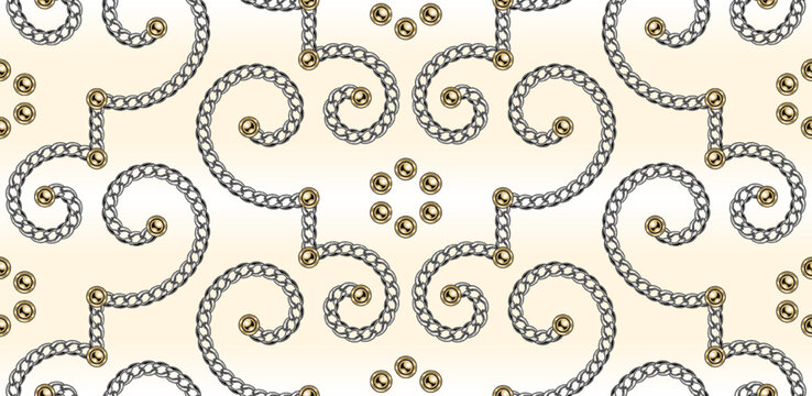 Ornate scrollwork seamless pattern with silver chains, golden beads, delicate swirling motifs. Detailed illustration in luxury vintage style. For luxury packaging, haute couture, bridal designs