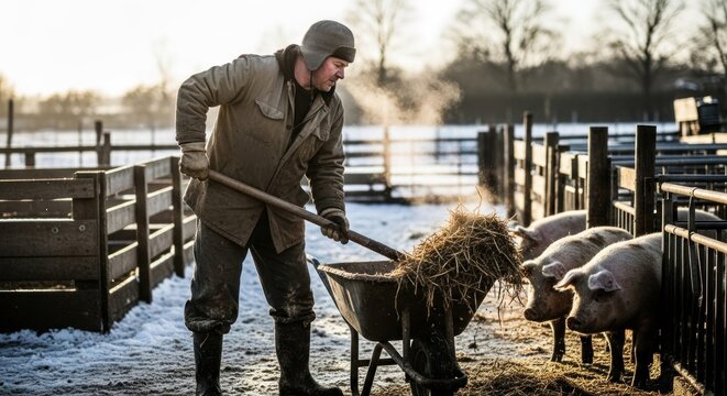 A farmer feeding pigs on a snowy winter day.