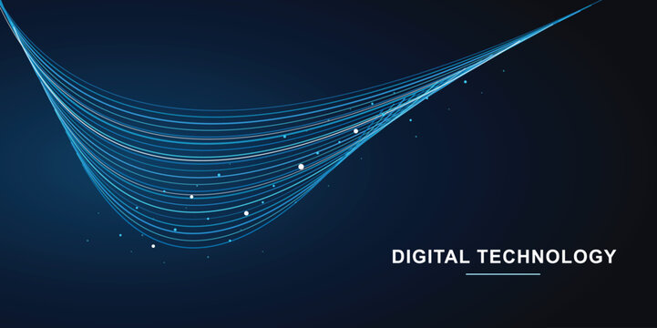 Minimalist digital technology background featuring flowing blue and white curved lines and data points on a dark gradient professional tech backdrop.