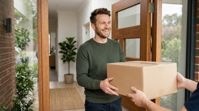 Happy young man receiving parcel from delivery man at home