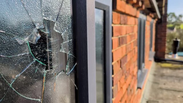 Close-up of a shattered glass window with sharp cracks and broken fragments