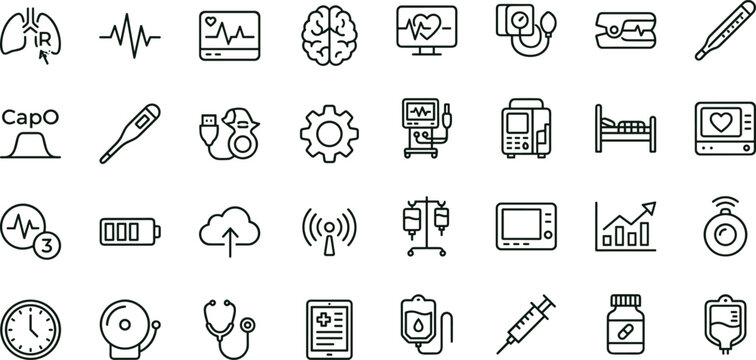 Medical monitoring device line icon set for hospital diagnostics vital signs healthcare equipment interface symbols vector applications