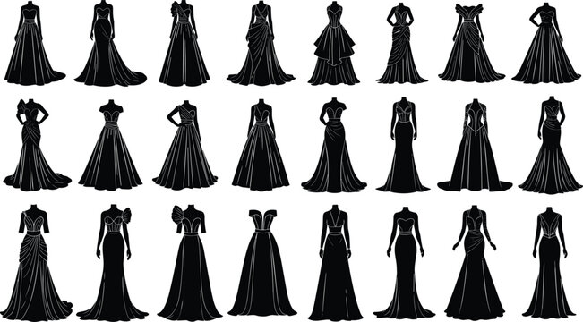 Set of elegant evening gown and wedding dress silhouettes in various luxury styles including ball gowns, mermaid, and A-line, perfect for bridal fashion design, formal event apparel