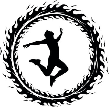 Silhouette of a person jumping in an oval frame silhouette