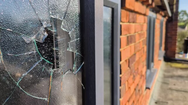 Close-up of a shattered glass window with sharp cracks and broken fragments