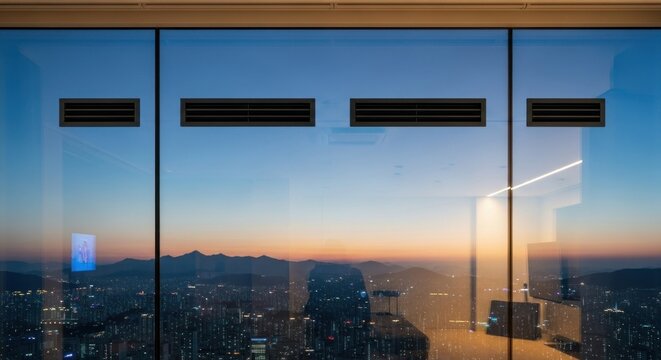 Urban cityscape view from a high-rise window during twilight.