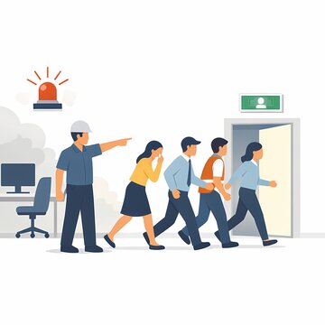Office Fire Alarm Evacuation and Emergency Exit Guidance Illustration