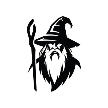 Wizard head mascot logo. Black and white vector illustration of a sorcerer. Fantasy character symbol for gaming or esports