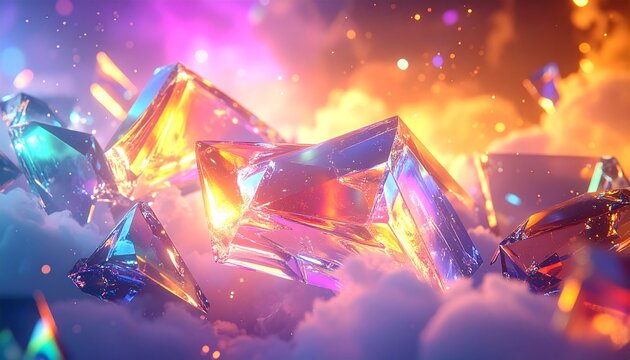 Irisierende lichtbrechende Glasscherben, holografisches Farbspektrum, &auml;therische Atmosph&auml;re, generative KI.