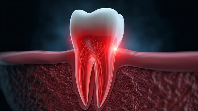 Close-up 3D render of inflamed wisdom tooth roots and nerves with glowing red pain signals
