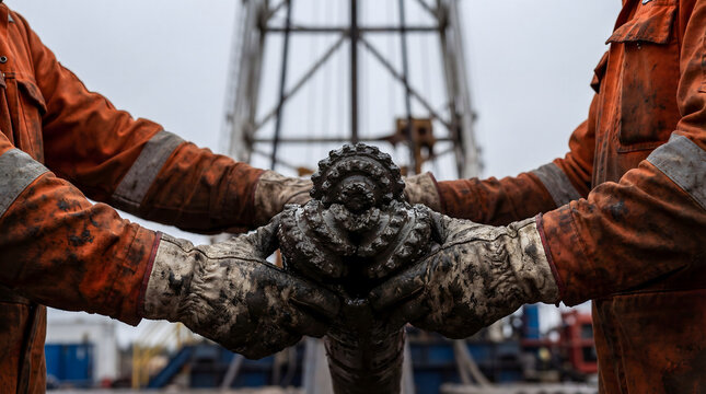 Oil rig workers holding a dirty drilling bit