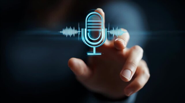 Hands interacting with holographic microphone and sound wave interface