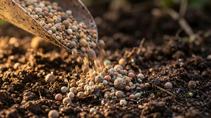 Fototapeta premium Spreading granular fertilizer pellets on dark garden soil