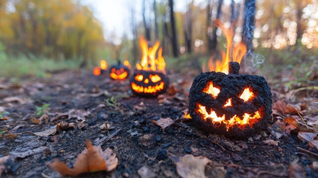 Burning jack o lanterns on autumn forest path halloween celebration at dusk