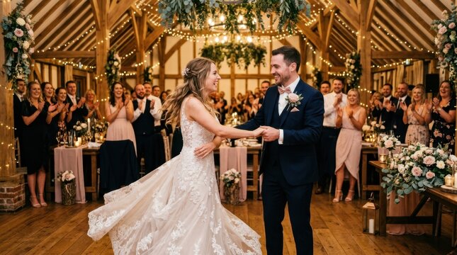 Happy bride and groom dancing at their rustic barn wedding reception
