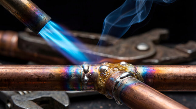Blowtorch brazing copper plumbing pipes with blue flame