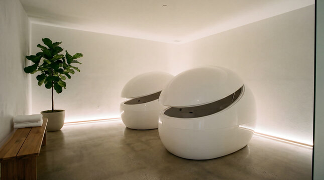 Two sensory deprivation float pods in relaxation spa room