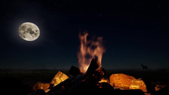 A cozy summer scene with a burning campfire in the steppe against the backdrop of a huge full moon and stars. 3D animation.
