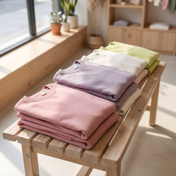 Folded sweatshirts in pastel colors on wooden bench