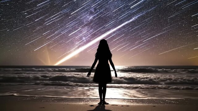 Silhouette of a Woman Dancing on the Beach Under a Starry Night Sky