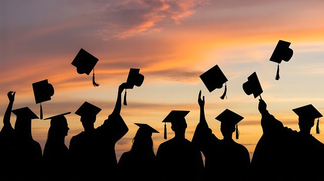  Silhouettes of students with graduate caps in a row on panoramic sunset background. Graduation ceremony at university web banner.
