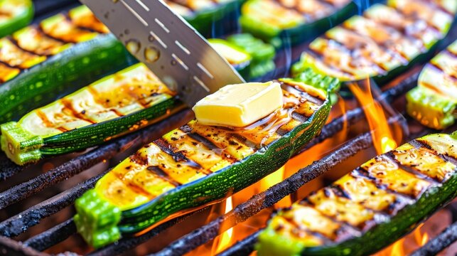 A grill with a knife cutting into a zucchini with butter on top. The zucchini is being grilled and the butter is melting