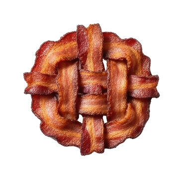 A perfectly arranged stack of bacon strips forms a circular, woven pattern. The bacon is deeply browned and glistening with rendered fat.