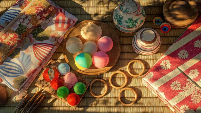 Colorful Easter eggs and traditional Japanese textiles on a woven mat