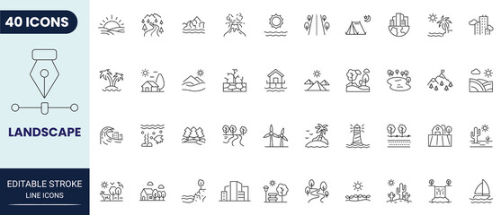 Landscape icon set in outline style. Collection of landscape, nature, mountain, tree, outdoor, and environment. Editable stroke. Vector icon collection. © Gretta