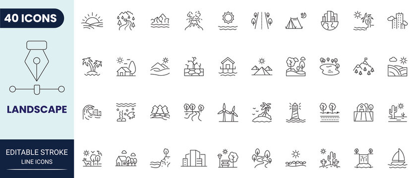 Landscape icon set in outline style. Collection of landscape, nature, mountain, tree, outdoor, and environment. Editable stroke. Vector icon collection.