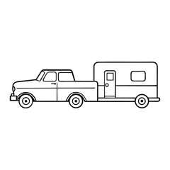 Fototapeta premium Rugged pickup truck towing a compact camp trailer along a winding road, dust trailing behind. Adventure-ready setup blending power, comfort, and freedom for open-road escapes. 
