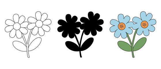 Fototapeta premium Two daisy flowers illustration in three styles: outline, solid black silhouette, and vibrant full color with blue petals.