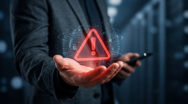 Computer networks face a security breach from malicious software and cyberattacks, illustrated by a bright warning alert icon for online scam awareness.
