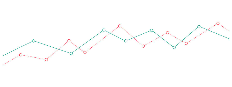 Comparison line chart with green and red data points showing fluctuating trends and performance metrics for statistical analysis.