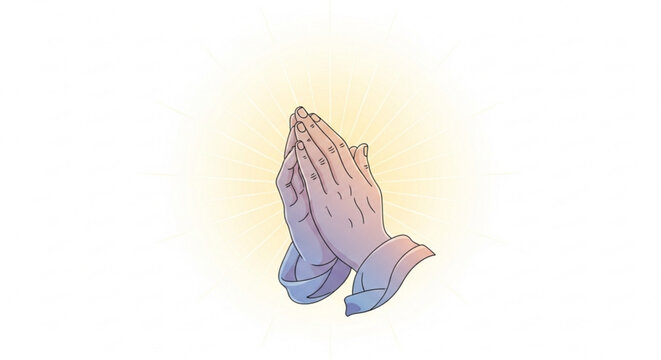 Praying hands with clasped fingers in a gesture of supplication and devotion on a soft yellow background